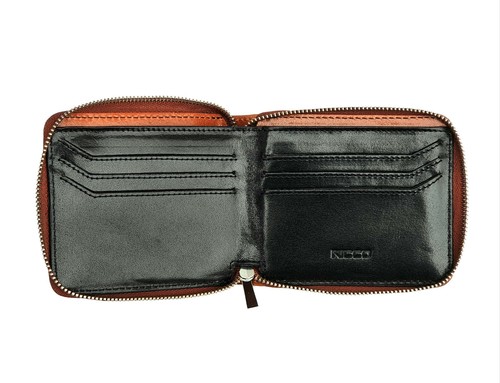 Ricco Mens RFID Blocking Full Zip Around Leather Billfold Wallet Honey Black S12 - Picture 5 of 9