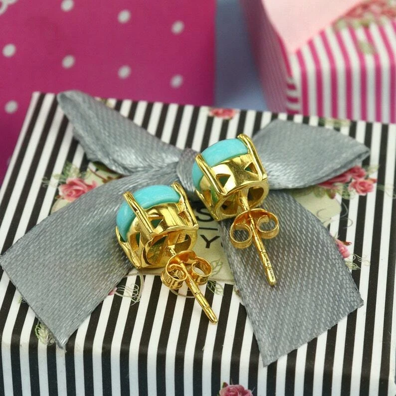 Pendientes Turquesa Natural, Delicados Aretes, Plata Chapada en Oro 18k Foto 3 de 4