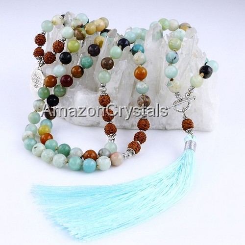 AMAZONITE JAPA MALA, 8MM Knotted AMAZONITE Mala Necklace With Bodhi Beads - Picture 6 of 7