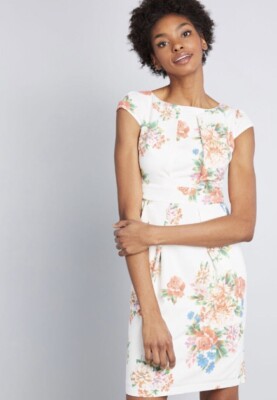 NWT Modcloth Elegant Reflections White Floral Sheath Pleats Dress Pockets  Medium | eBay
