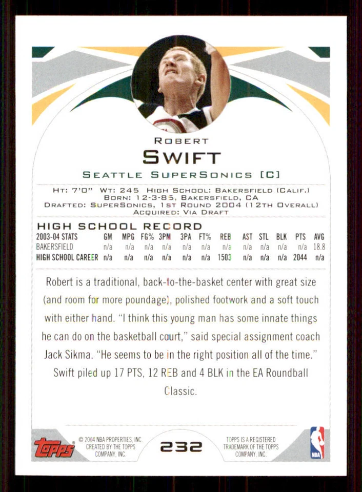 2004-05 Topps #232 Robert Swift RC - Image 2 of 2
