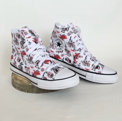 Converse CTAS Boys High Top Sneakers Pirate Print Lace-Up White/Red NWB  Size