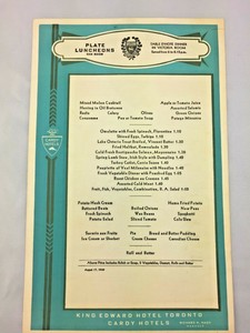 Details About N 167 Vintage Menu Table Dhote Restaurant 1940 60s King Edward Hotel Toronto - 
