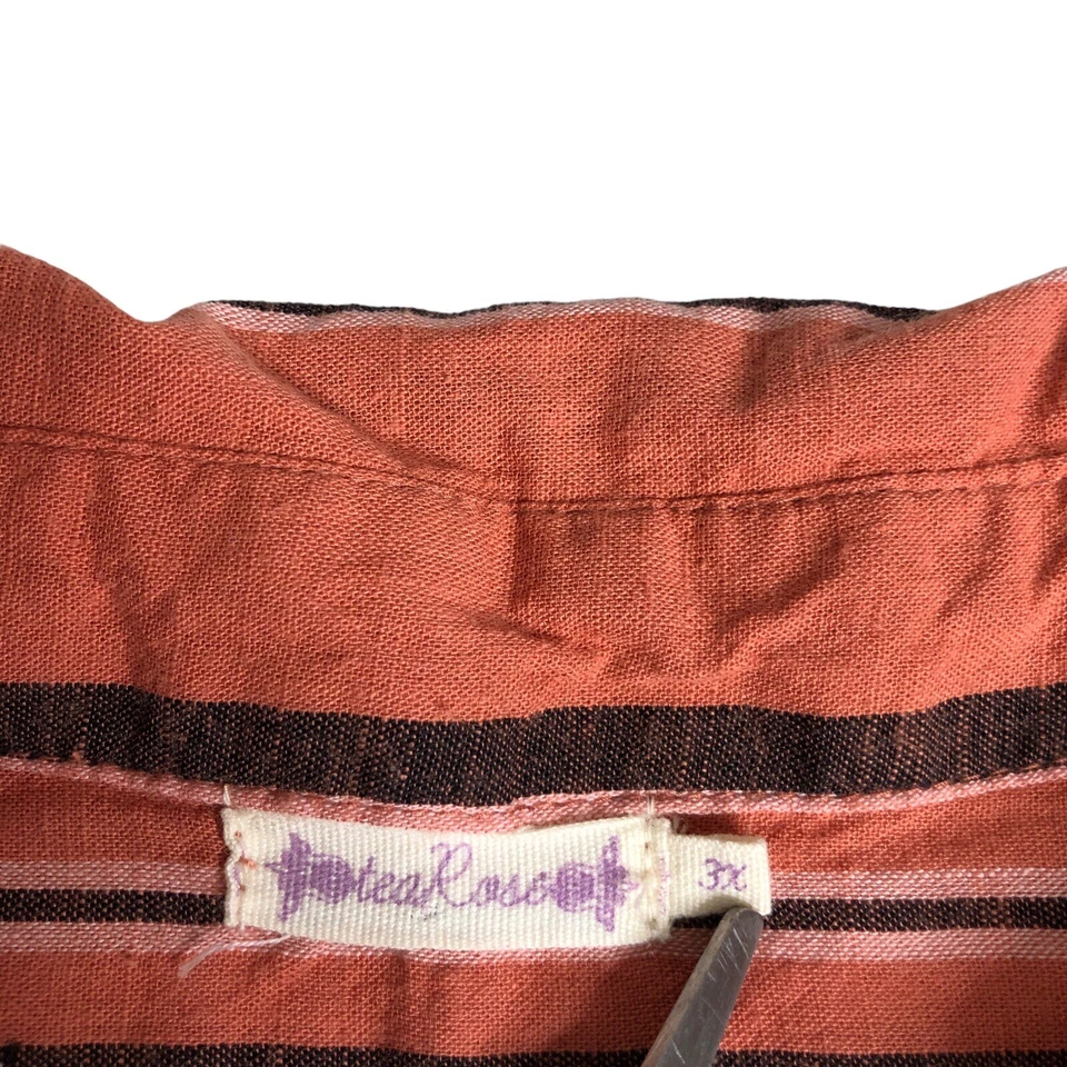 Top Tea Rose para mujer 3X naranja a rayas con botones lengüeta enrollable algodón Lagenlook Preppy Foto 3 de 4