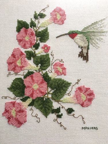 Vintage 1995 Flowers & Humming Bird Cross Stitch Finished Art Work - Framed - Picture 2 of 12