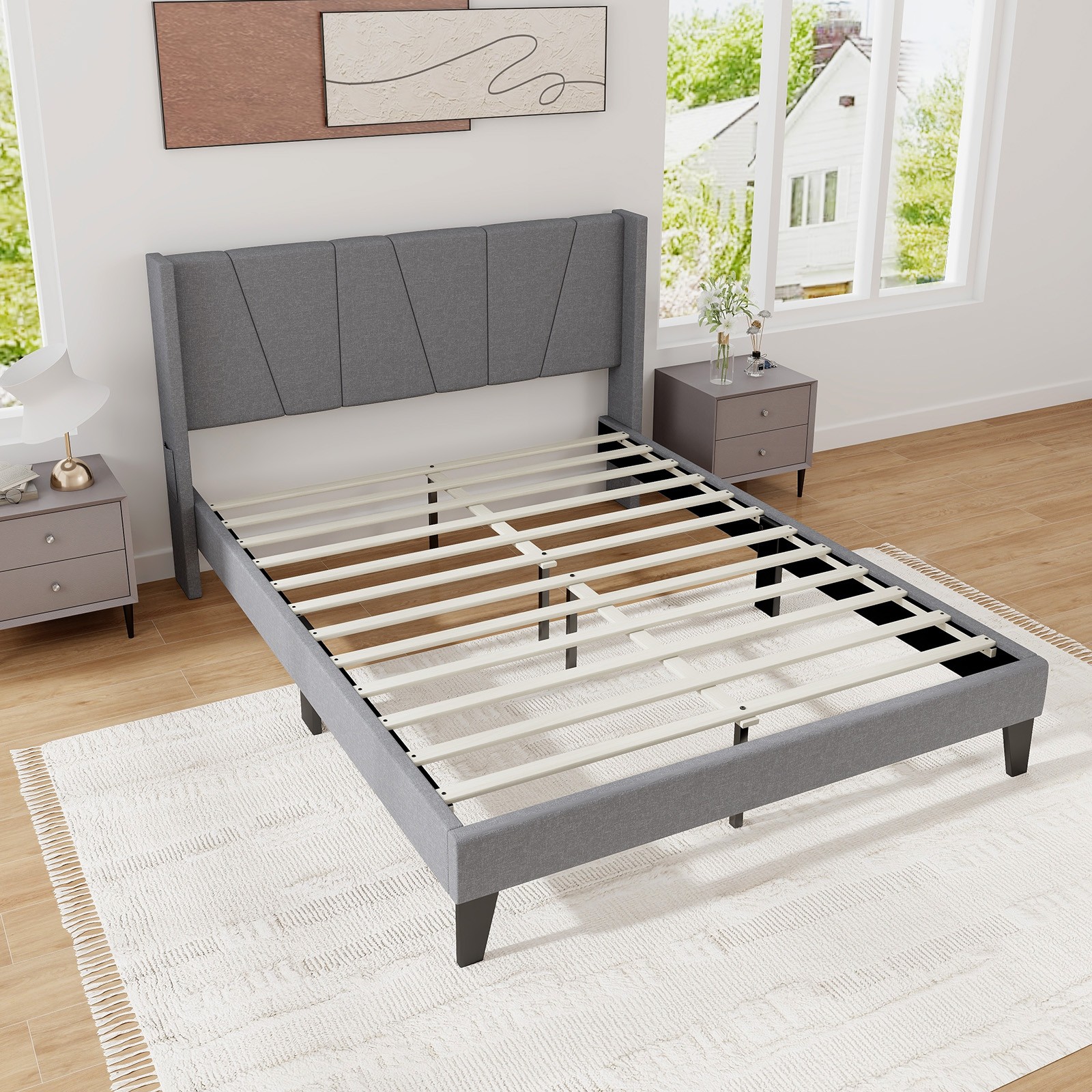 Queen Size Upholstered Bed Frame w/ Elastic Pockets Mattress Foundation Gray