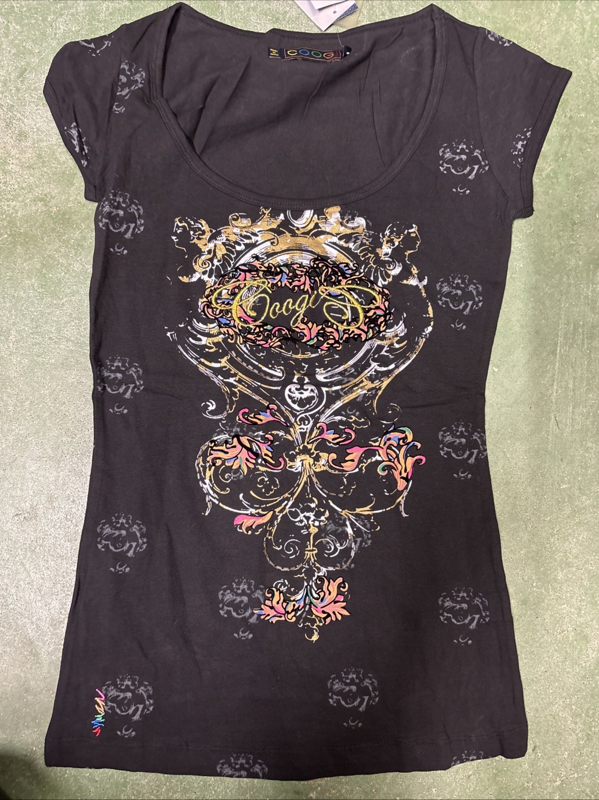 Coogi Scoop Neck Fitted Black T Shirt Embroidered Beaded Gold Women's Size S