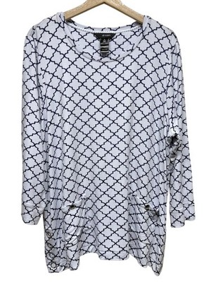 Ali Miles Women Top 1X White Black Geometric Lagenlook Pocket Artsy Long Sleeve