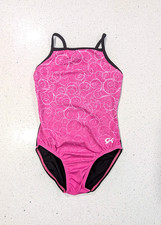 BEAUTIFUL GK Elite CM medium Gymnastics Dance Leotard Spaghetti Strap PINK SWIRL