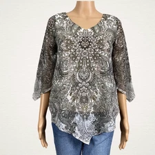 Westport XS Mandala Scarf Print Rhinestone Layered Poncho Shirt Top Olive Green