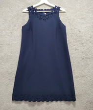 J.Crew Shift Dress Womens 8 Navy Blue Floral Laser Cut Stretch Scalloped Trim