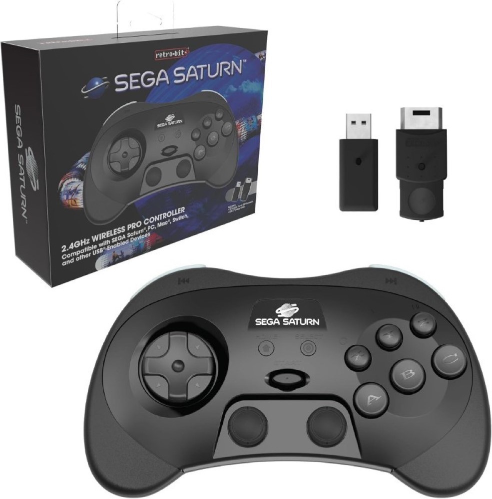 Manette Sega Saturn Retro-Bit 2.4GHz sans fil noire Pro contrôleur PC et console