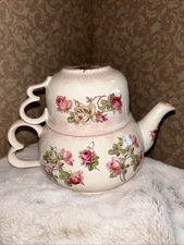 6” tall 2 pc. Stacking Tea For One Set  Floral-Missing Lid To Teapot Pretty