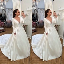 Gorgeous Satin Wedding Dresses Beading Long Sleeves Romantic Bridal Gowns