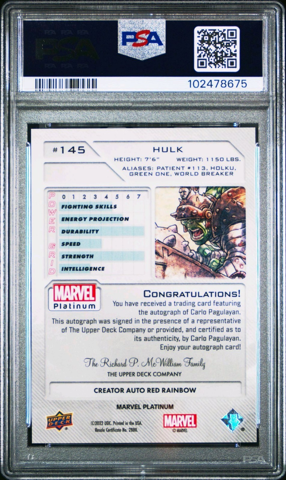 Carlo Pagulayan - 2023 Marvel Platinum (The Hulk) Autograph  PSA 10