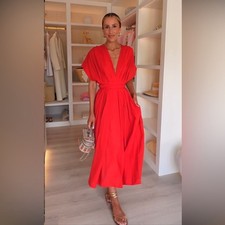 ZARA ZW COLLECTION PLEATED MIDI DRESS Red Medium NWT