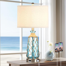 Teal Coastal Touch Control Table Lamps with USB Ports  AC Outlet - LED Included