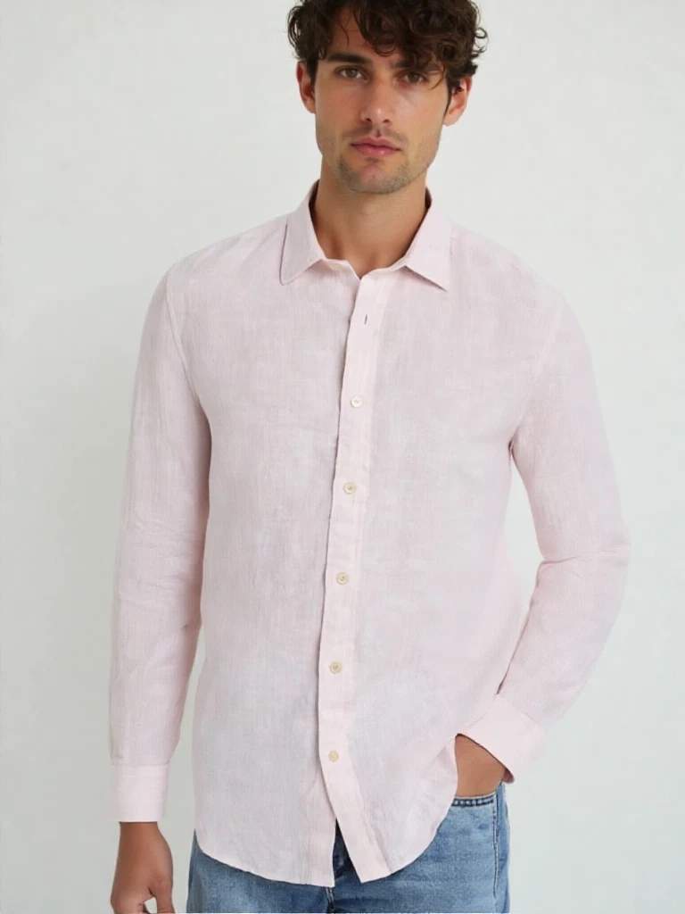 BLOOMINGDALES Shirt Mens XXL Peach Pink Stripe Button Up Long Sleeve 100% Linen