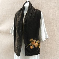 Brown Velvet Scarf Floral Hand Embroidery Shawl Elegant Formal Lagenlook 11x64