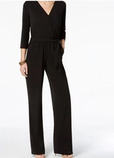 NY Collection  3/4 Sleeve Belted Wide Leg Jumpsuit   Size Petite Large Black