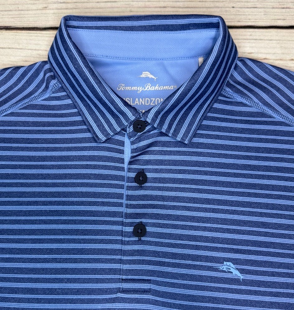 Tommy Bahama Polo Shirt Men’s Sz M Blue Stripped Island Zone UFP 30 View 4