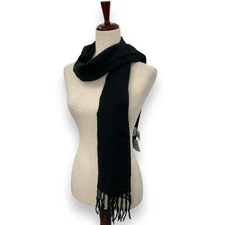 NEW Black FringeTrim Scarf Oblong Rectangle Solid Knit Quiet Luxury