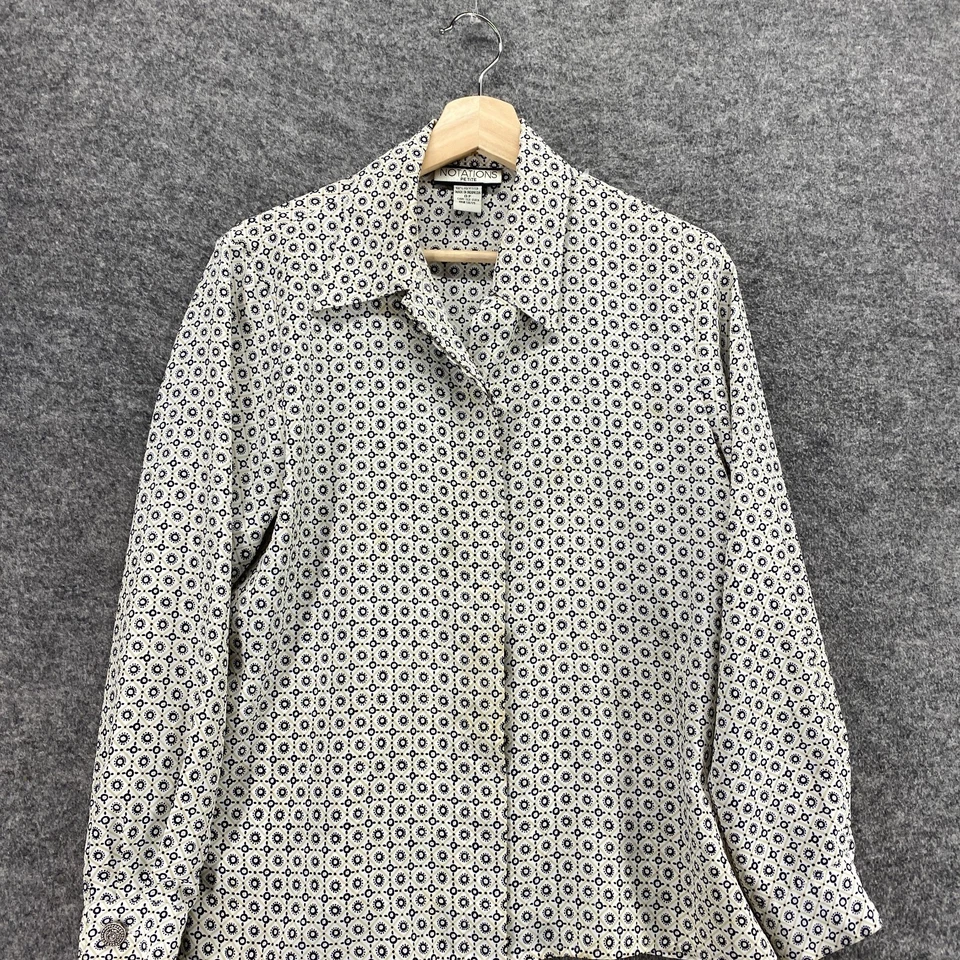 Notations Shirt Women 8P Petite Beige Geometric Button Up Collared Long Sleeve - Image 3 of 4