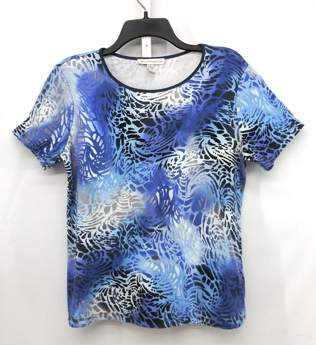JM Collection Shirt Womens Size PXL Blue Animal Print Short Sleeve Pullover Top
