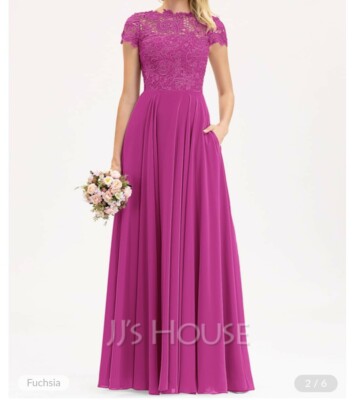 Size 12 JJS House Fuchsia chiffon and lace Bridesmaid dress with pockets |  eBay UK