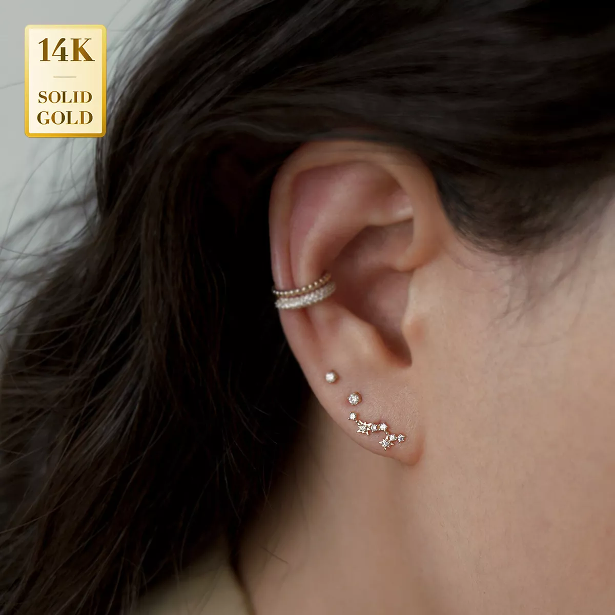 14K REAL Solid Gold Diamond Star Climber Stud Earring Piercing