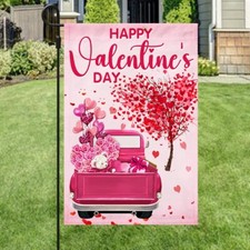 Happy Valentine's Day Pink Truck Hearts Tree Flag Graden Flag