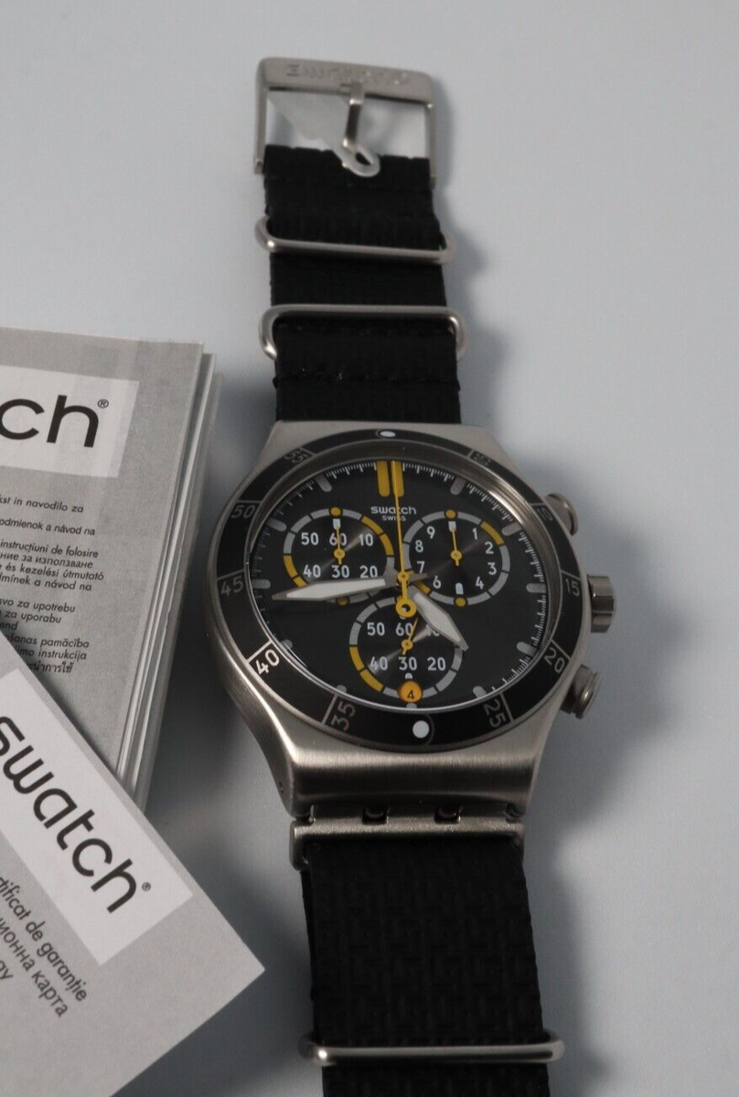 y＆S watch Swatch Men's 45mm Black Leather Band Steel Case Swiss Quartz