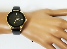 NEW ANNE KLEIN GOLD TONE,BLACK LEATHER BACKING BAND,DIAMOND,WATCH AK/2808