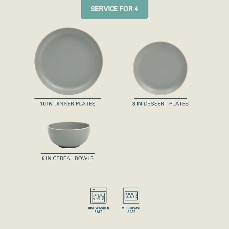 Rockaway 12-Piece Dinnerware Set Service for 4, Grey Matte - - Image 3 of 4