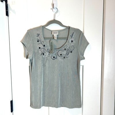 Chico's Travelers Gray Beaded Embroidered Short Sleeve Liquid Knit Top Small NWT