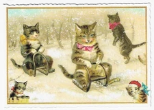 Postcard Glitter Tausendschoen Christmas Kitten Cat Sledding Snow Postcrossing