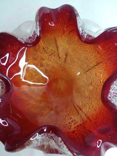 Vintage Murano Glass Ashtray Bowl Red Amberina Bullicante Silver Aventurine 6" - Picture 3 of 5