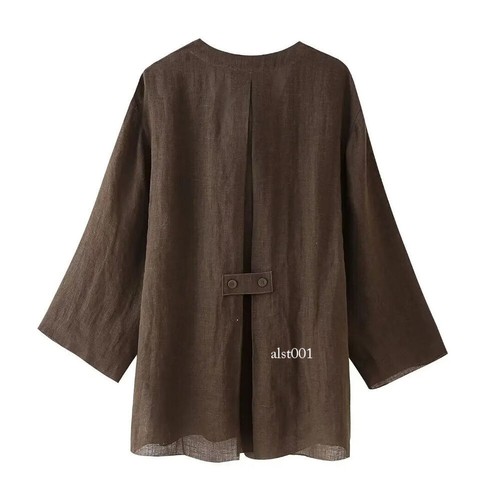 Women's Summer Linen Solid Color Shirt Set Cardigan Top High Waist Pleated Pants - Picture 5 of 26