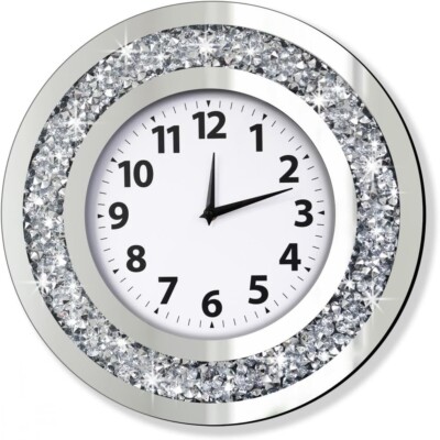 DMDFIRST Crystal Crushed Diamond Mirrored Round Wall Clock 16x16x2 inches for Wa