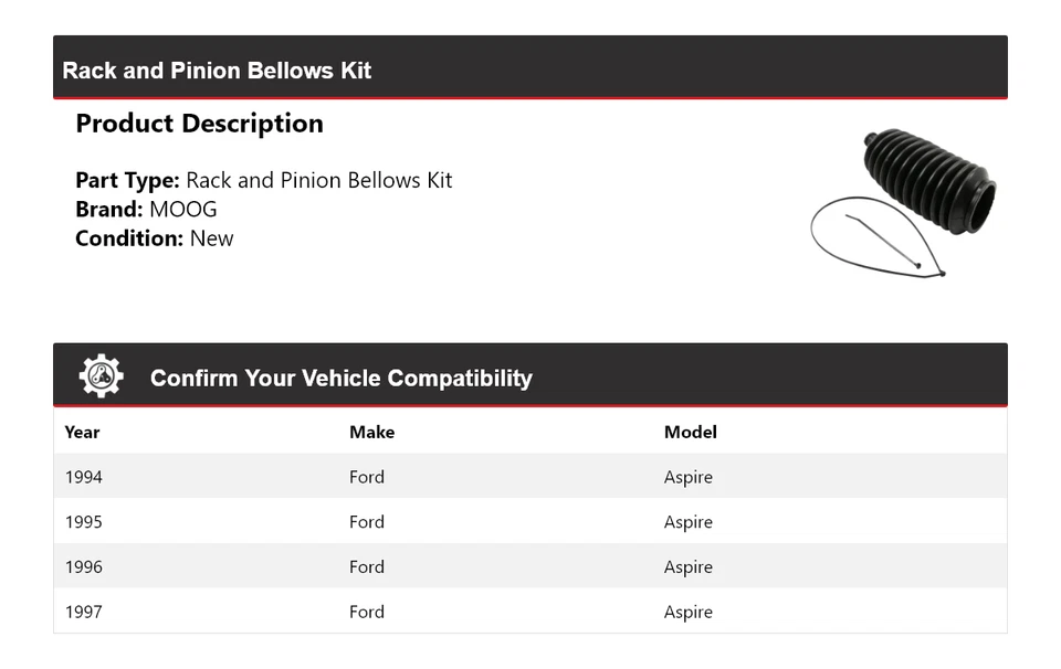 Kit de fuelle de piñón y cremallera para Ford Aspire 1994-1997 MOOG 1994 1995 1996 1997 Foto 2 de 4