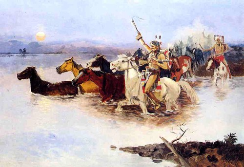 Art Oil painting horseman horse Crossing-the-Range-Charles-Marion-Russell - Picture 1 of 1