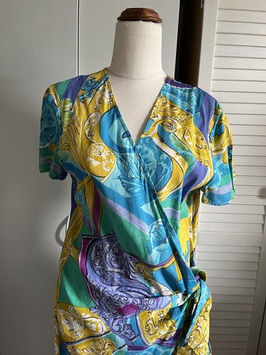 HANDWRITING Vintage Multicoloured Short Sleeve Wrap Dress Sz 10 - Picture 2 of 8