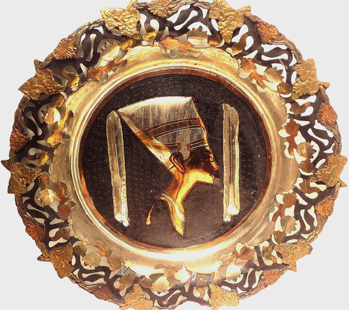 📌HTF EGYPTIAN REVIVAL large MIXED METAL WALL PLAQUE - BOLDLY MARKED & TOP COND.