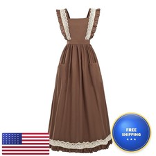 CR ROLECOS Brown Long Vintage Apron Pioneer Prairie Ruffle Pockets Size L