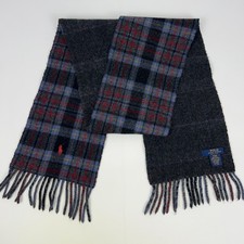 Polo Ralph Lauren Reversible Wool Scarf Gray Blue Red Plaid Pony Italy Made 8x64