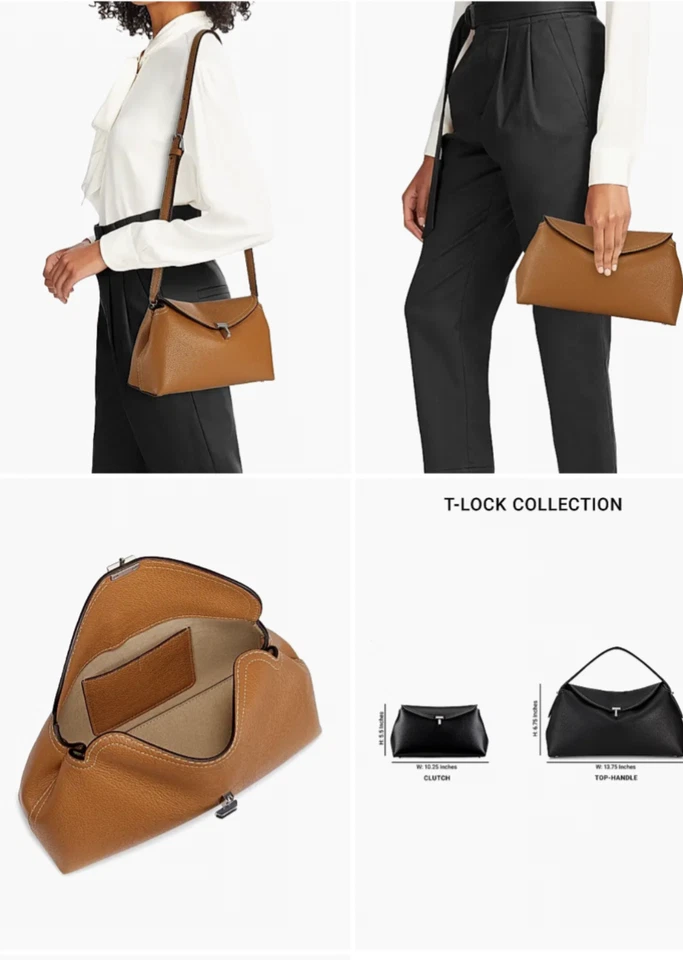 Bolso de Mano TOTEME T-Lock Cuero Grano Guijarro Hecho en Italia NUEVO Tostado Camel Foto 2 de 4