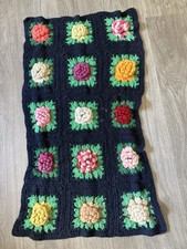 Vintage Handmade Crochet 3D Flower Granny Square Afghan Blanket 36x20