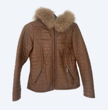 Veste doudoune femme cuir marron matelassée à capuche zippée courte taille S