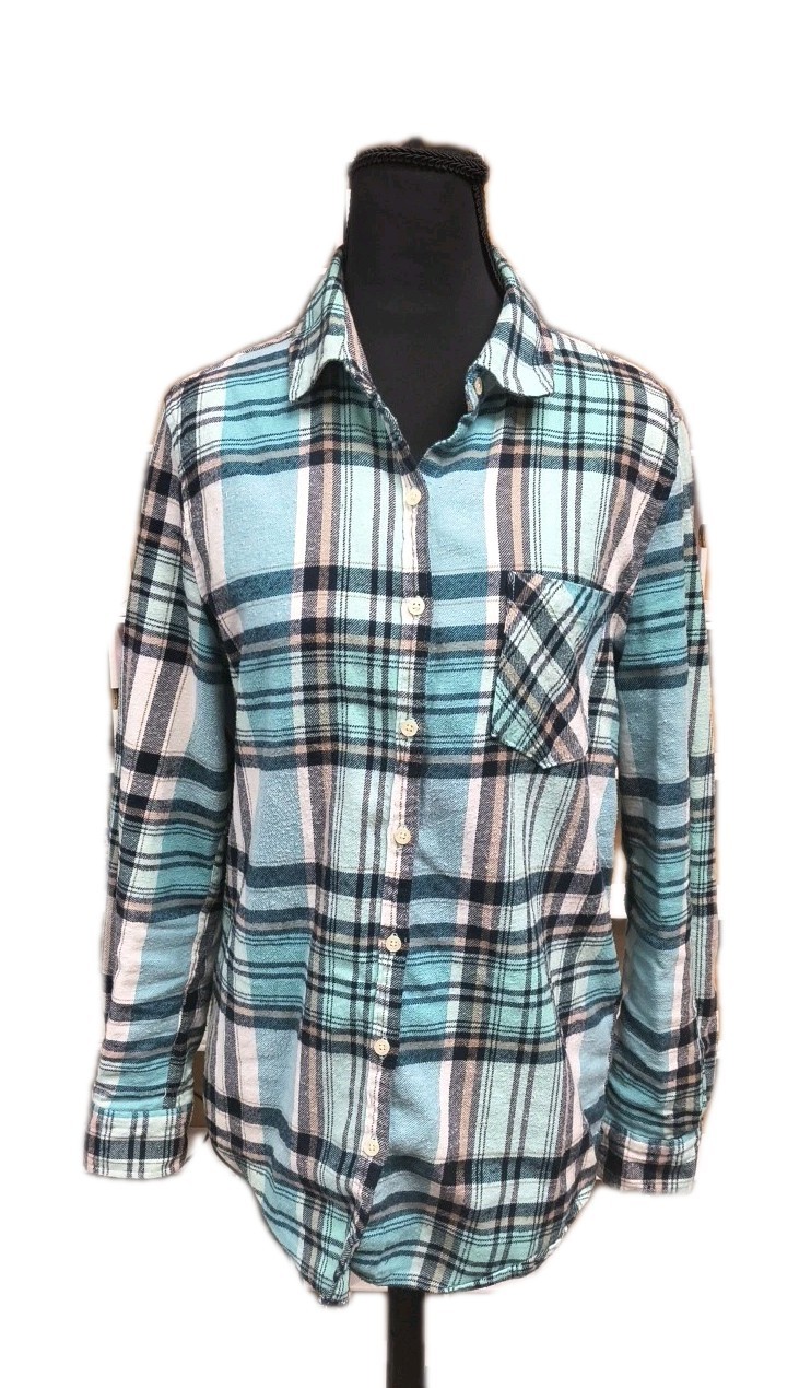 Aeropostale Womens Small Turquoise Plaid Cotton Flannel Button Front Shirt