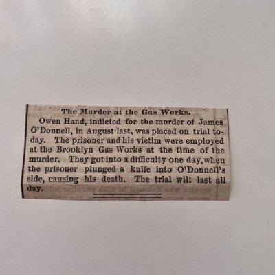Owen Hand Murder Of James O'Donnell Brooklyn Gas Works 1869 NY Clipping SAJ7-S93